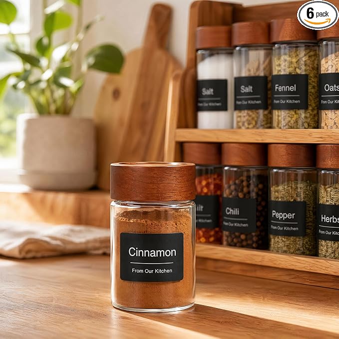 6‑Pack Small 4 Fl Oz (118 ml) Glass Jars w/Wood Lids & Spoons | Built‑in PP insert & silicone seal; airtight for oats, yogurt, spices, chia pudding & pantry