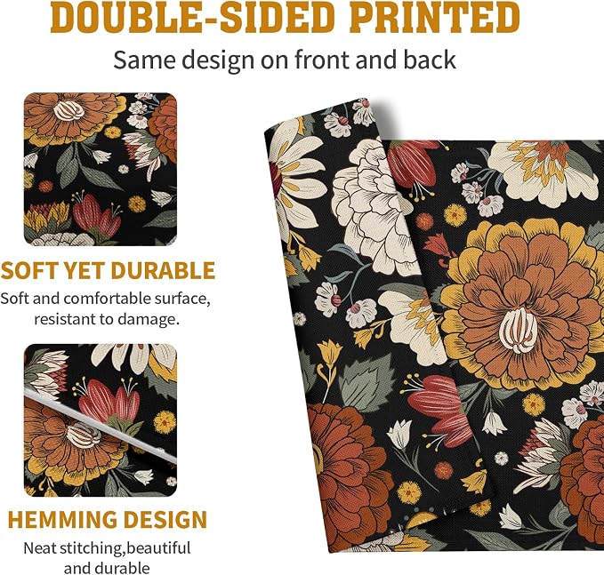Black Boho Floral Placemats Set of 4 Spring Summer Vintage Flowers Botanical Decorative Table Mats Mid Century Modern Linen Place Mats for Party Kitchen Dining Outdoor Indoor Decor