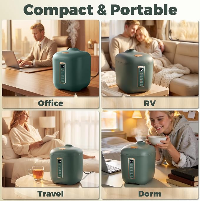 CHACEEF Rice Cooker 2 Cups Uncooked, 1.2L Portable Rice Cooker Small, Green | Smart Control, Non-Stick Pot, 24H Timer & Keep Warm, Multifunction for Soup, Oatmeal & Grain, Ideal for Dorm, Office & Travel