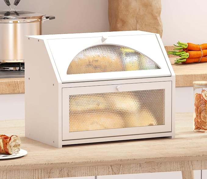 White Bread Box, Bamboo Wood Bread Box for Kitchen Counter, Double-layer Bread Storage Bin, Acrylic glass with Diamond Patterns (White, Large)