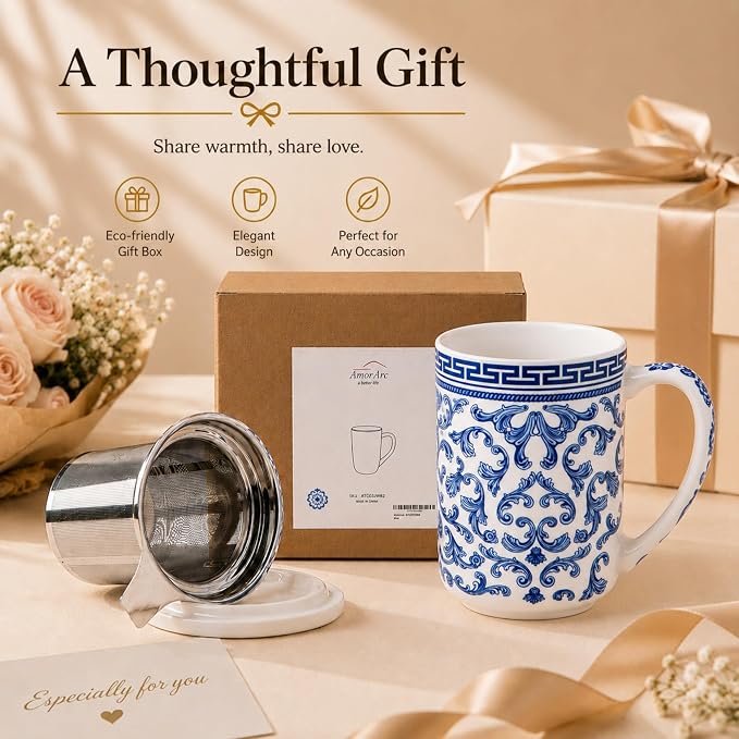 AmorArc Tea Cup With Infuser and Lid, 18oz Loose Leaf Tea Mug With Steeper | Porcelain Tea Mug With Infuser and Lid, Large Strainer Tea Cup with Lid for Tea, Coffee Mug for House-warming Birthday Gift