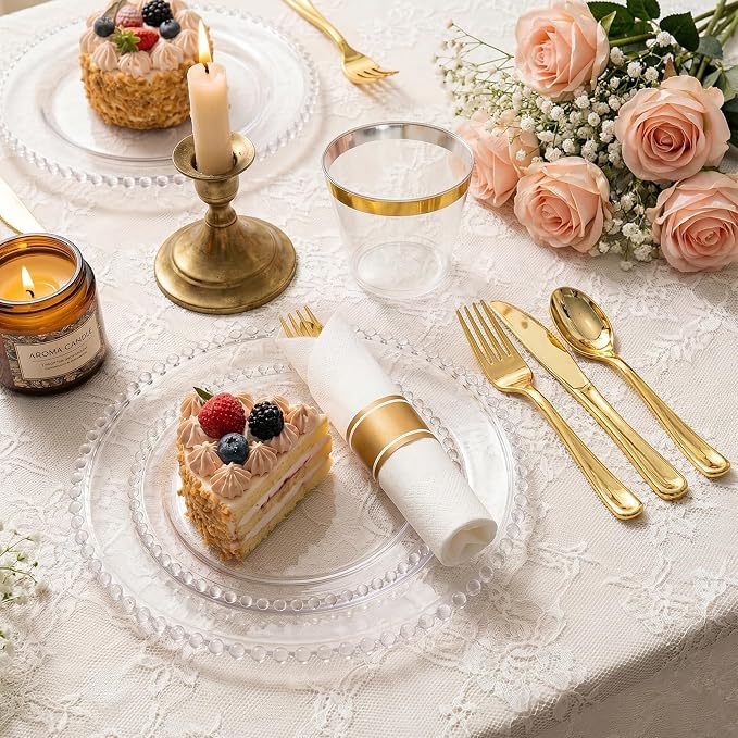 350pcs Plastic Dinnerware Set Clear 50 Guests for Wedding | Fancy Beaded Plastic Plates Include 100 Elegant Plastic Plates,50 Cups and 50 Pre Rolled Napkins with Cutlery Set