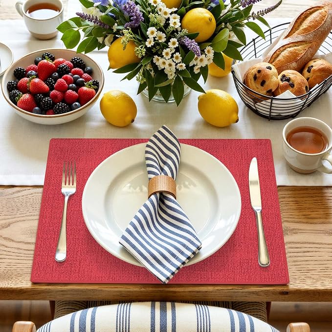 Faux Leather Heat Resistant Placemats 6 Packs, Waterproof Wipeable Dining PU Place Mats for Indoor & Outdoor, Easy to Clean, Red