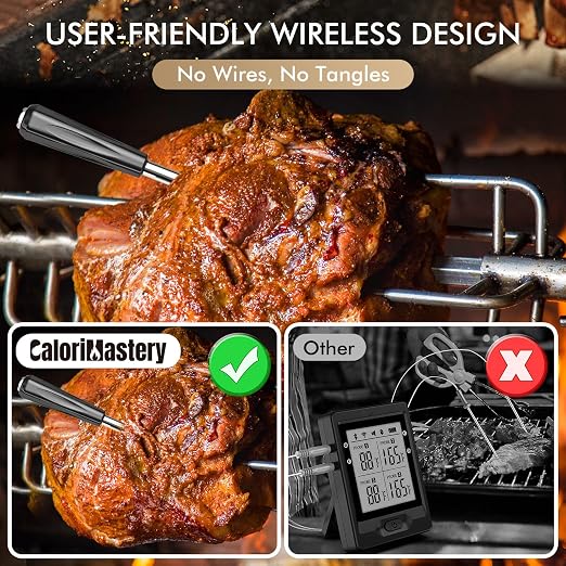 Wireless Meat Thermometer: 500FT Bluetooth Smart Meat Thermometer for Cooking and Grilling, CaloriMastery Digital Food Thermometer with Ultra-Thin Probe for Oven Safe, Kitchen, Smoker, BBQ