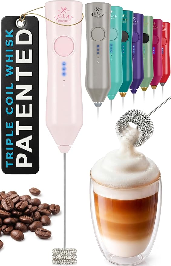 Zulay Kitchen Rechargeable Milk Frother Handheld - Frother Wand, Drink Mixer, Electric Whisk Frother, for Cappuccinos, Matcha & Protein Powder - Dynamic Triple Whisk, 3 Speed 500mAh Cotton Candy Pink