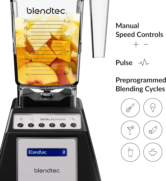 Blendtec Total Blender Classic (Black) & 75oz* FourSide Jar | Powerful and Reliable Kitchen Blender; 10 Speeds with Pulse; Six Preprogrammed Cycles for One Touch Consistent Blends