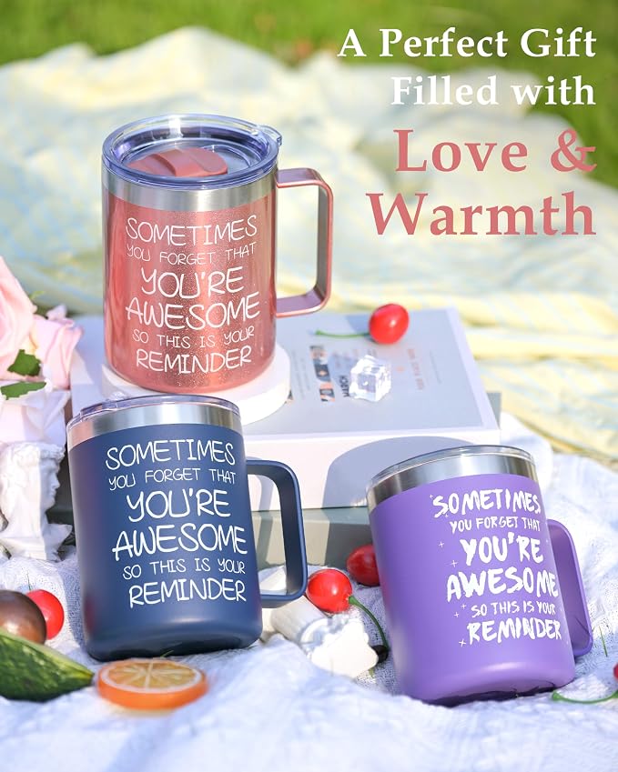Inspirational Coffee Mug for Women, 12oz Insulated Stainless Steel Mug with Handle & 2 Lids – Sometimes You Forget You’re Awesome, Birthday & Appreciation Gift for Mom, Friend, Rose Gold