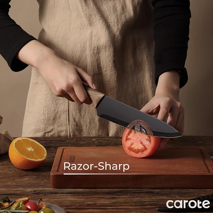CAROTE 12-Piece Knife Set, Knives with Wood-Grain Finish Handles, Black | 6 Blade Guards, Stainless Steel Blade, Ceramic Nonstick Coating, Long-Lasting Sharpness, Rust-Resistant, Kitchen, Camping, RV