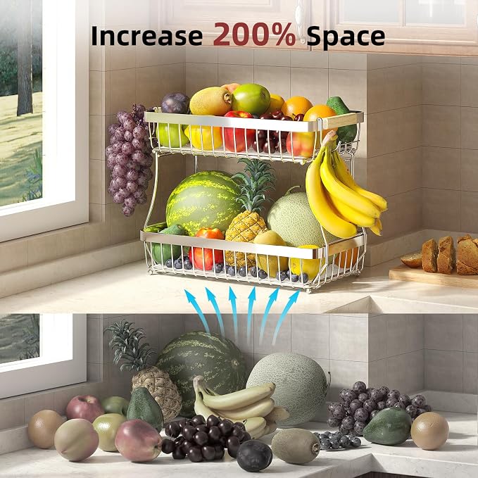 2-Tier Fruit Basket with Banana Hangers, Detachable Metal Bowl | Wooden handle, protective mats included. Versatile holder for bread, snacks, and veggies. Large 2 tier metal design.