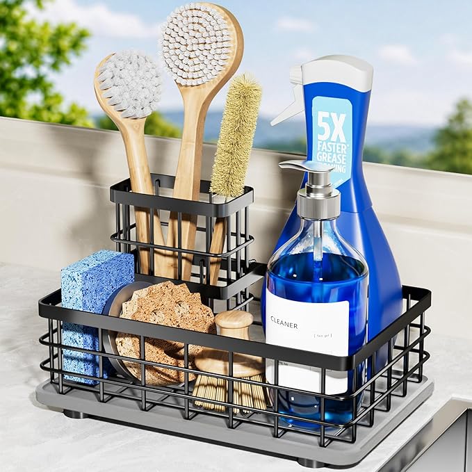 Kitchen Sink Caddy Organizer with Sponge & Brush Holder, Stone Drying Mat | Extra-Large Kitchen Countertop Organizer, Stainless Steel Kitchen Sink Accessories with Quick-Dry Soap Tray for Fewer Stains
