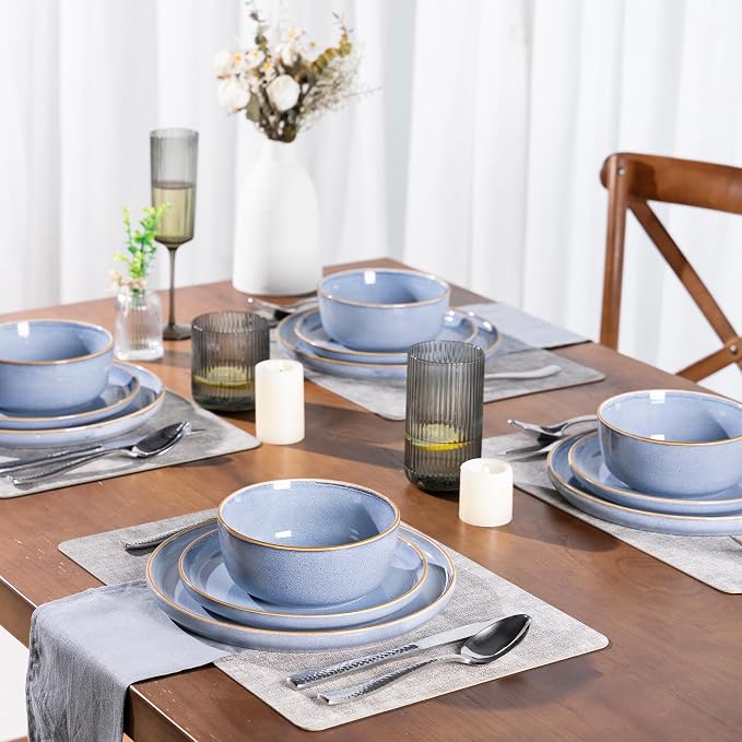GBHOME Dinnerware Sets for 4, 12 Pieces Ceramic Plates and Bowls Set | Scratch Resistant Stoneware Dishes Set, Dishwasher & Microwave Safe, Reactive Glaze-Vista Blue