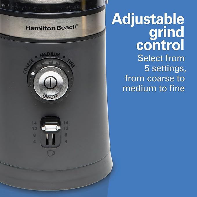 Hamilton Beach Custom Grind Electric Coffee Grinder For Up To 14 Cups | Grinds Coffee Beans, Spices & More | Customizable Grind Settings | Easy-Clean Removable 10 oz. Chamber | Grey | 80396V