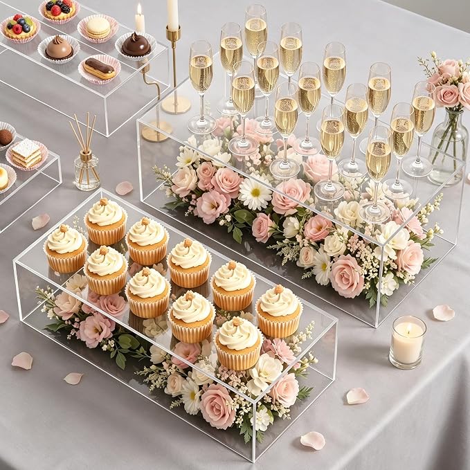 Extra Large 15.5 Inch Acrylic Buffet Risers Stands, 5 PCS Clear Food Risers for Buffet Table, Tiered Rectangle Dessert Table Display Set, Party Food Display for Catering Supplies