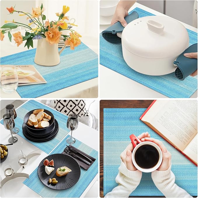 Blue Placemats Set of 12, 12x18 Inch Washable Easy to Clean Heat-Resistant Anti-Skid Table Mats for Holiday Party Kitchen Dining Room Decoration