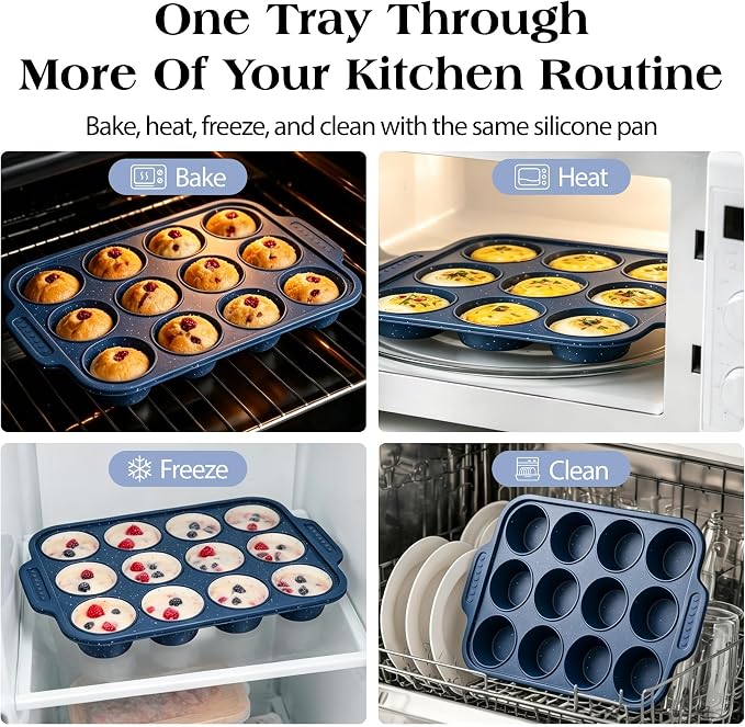 Silicone Muffin Pans for Baking with Metal Reinforced Frame | Nonstick 12-Cup Regular Size Cupcake Tray for Egg Bites, Muffins & Cupcakes, Dishwasher Safe, Titan Blue, Set of 2