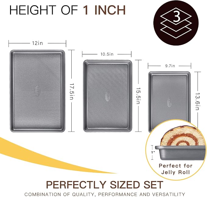 3 Pack Nonstick Ceramic Baking Sheet Pan Set for Oven, Non-Toxic Half/Quarter/Jelly Roll Pans with Diamond Texture, 0.8mm Aluminized Steel Cookie Trays for Cooking, Charcoal Gray