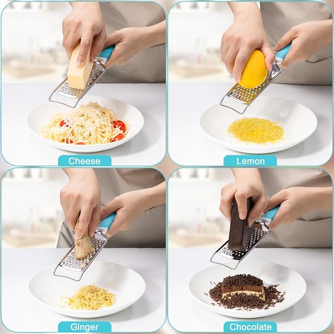 Professional Cheese Graters for Kitchen Stainless Steel Handheld, Metal Lemon Zester Grater With Handle For Cheese, Chocolate, Spices, Kitchen Gadgets Tools, Soft Grip Handle (Blue)