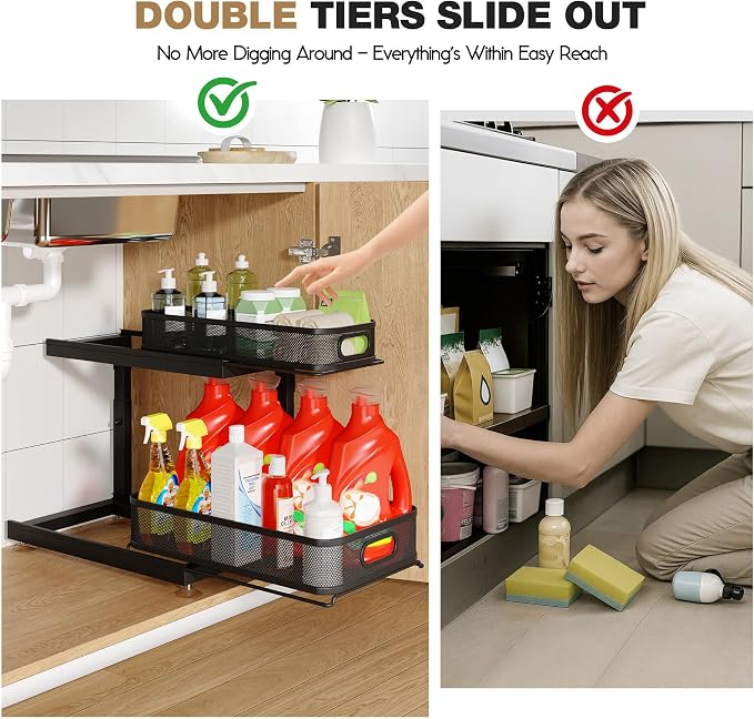 2-Pack Under Sink Storage Organizer with 2-Tier Slide Out Drawer, Sophisticated Mesh Pull Out Shelf for Kitchen & Bathroom, Fits Small Items, Upgraded Arched Track for Smooth Gliding(Patented)