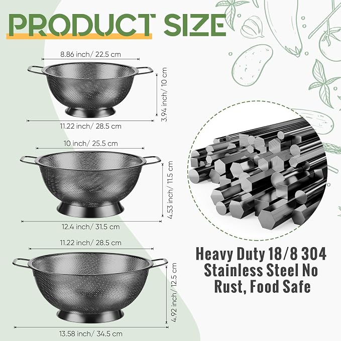3 Pcs Stainless Steel Colander Set Colander Bowl and Sieves 1/3/5 Quart Metal Mesh Strainer Net Basket with Handles Food Spaghetti Strainer for Kitchen Draining Pasta Rinsing(Black)