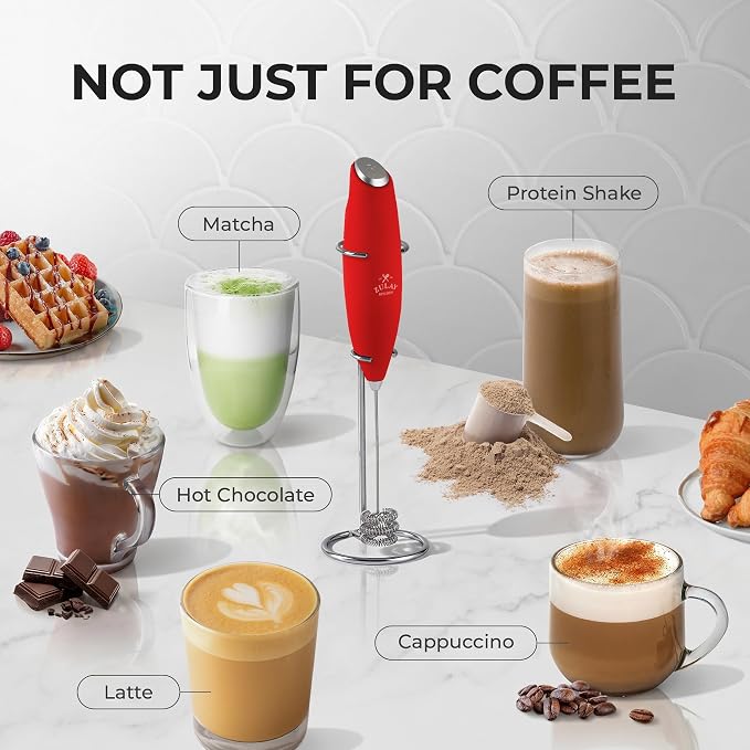 Zulay Kitchen Powerful Milk Frother Wand With Duracell Batteries - Ultra Fast Handheld Drink Mixer - Electric Whisk Foam Maker for Coffee, Lattes, Cappuccino & Matcha - Triple Whisk - Maroon Red