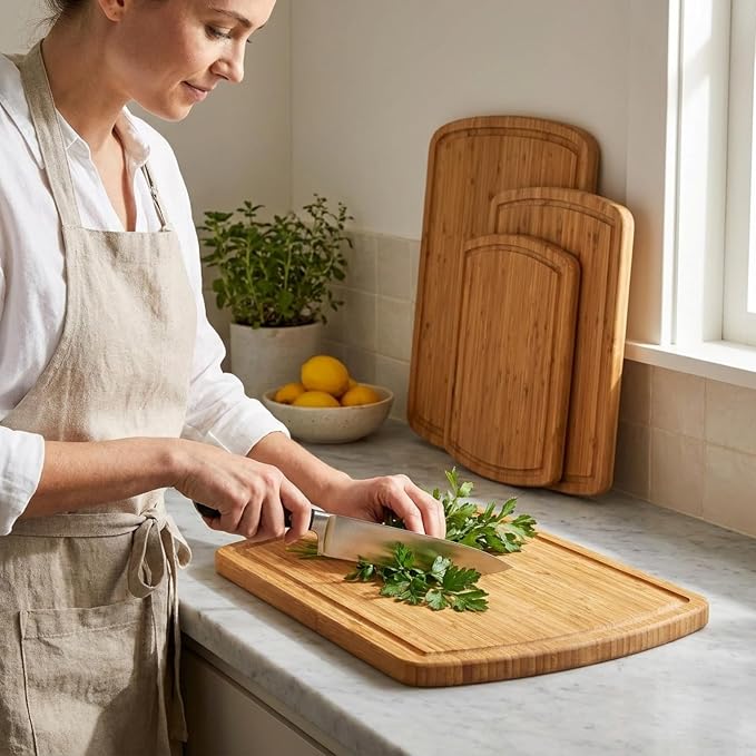 Bamboo Cutting Boards for Kitchen, Non Toxic Wooden Chopping Board Set | Carbonized Dark Color, Deep Juice Groove, Knife-Friendly, Side Handles, Reversible, for Meat, Veg, Fruit, Cheese