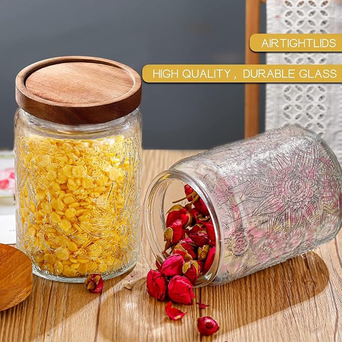 Vintage Glass Jar with Lid Airtight Candy Coffee Canister Food Storage Set | 24oz Decorative Container Set with Silicone-Sealed Bamboo Lid, Thick Glass BPA-Free, for Kitchen Stores Sugar Flour-2 Pack