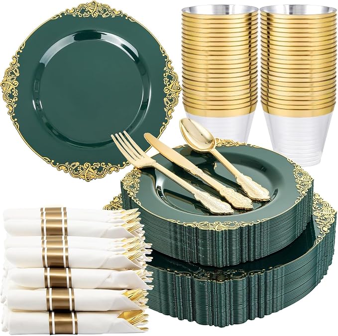 Nervure 175Pcs Green Plastic Plates, Disposable Party Plates for 25 Guests | 25 7.5" Dessert & 25 10.25" Dinner Disposable Plates, 75 Gold Cutlery, 25 9oz Cups, 25 Napkin for Wedding & Party, BPA-free