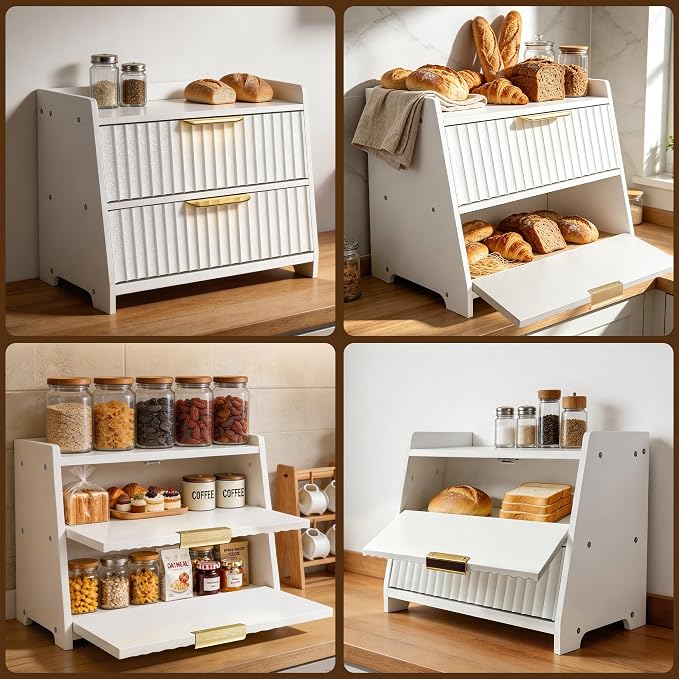 Large Bread Box, White, Double Layer Wooden | Top Shelf, Countertop Organizer Cabinet, For Bread & Coffee Station, Kitchen Essentials Storage