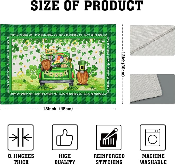 St. Patrick's Day Placemats 12x18 Inch Gnomes Truck Shamrock Clover Gold Coin Heat Resistant Table Mats Set of 4 Green Buffalo Plaid Washable Place Mats for Home Kitchen Dining Holiday Party