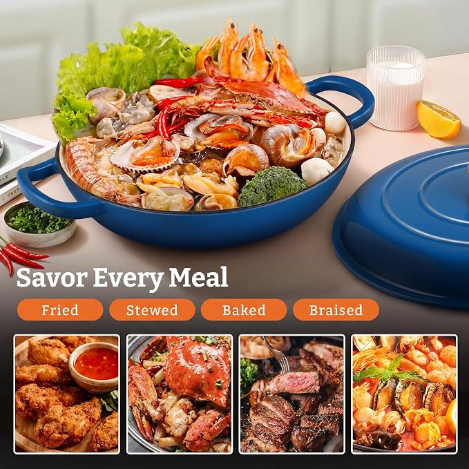 Cast Iron Dutch Oven–3 Layers Enameled Shallow Braiser & Casserole Pot with Lid, Even-Heating, Stovetop & Oven Safe to 500°F, 3.8 Quart for Family & Parties Meals(Blue)
