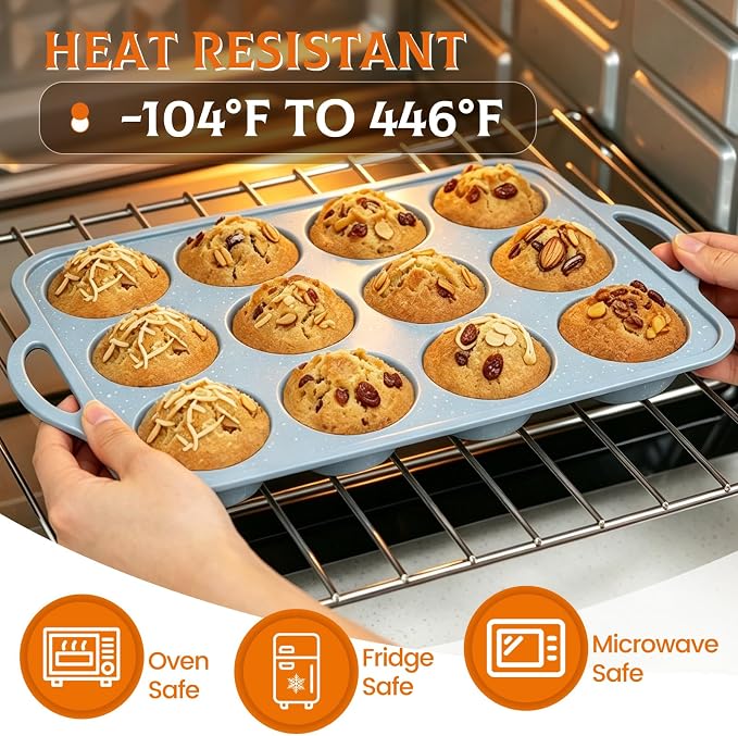 Silicone Muffin Pans for Baking, Metal Reinforced Frame 2.8''Silicone Molds | 2 Pcs, 2.8 Inch, with Handle, BPA Free, Nonstick, Oven Dishwasher Safe, Food-Grade Silicone, Heat-resistant: -104°F to 446°F