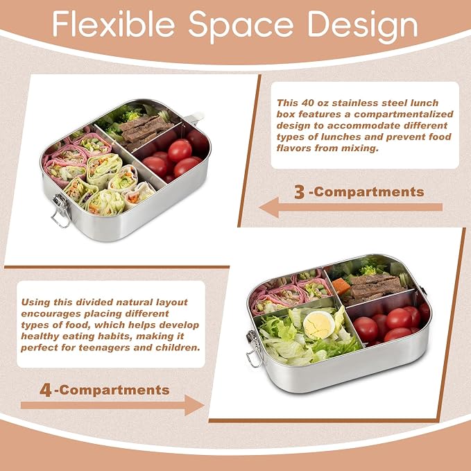 GOLDEN KEY Stainless Steel Lunch Box for Adults,Thickened Metal Bento Box with 4 Compartments, 40oz Large Capacity, Leak-Proof & Eco-Friendly Metal Food Container for Office, Meal Prep & Travel