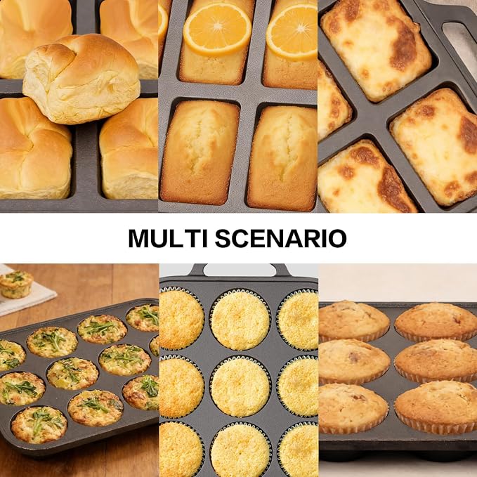 Flavehc Cast Iron Muffin Pans 12 Cup and Cast Iron Mini Loaf Pans 8 Cavity Regular Size Cupcake Pan Pre-Seasoned Loaf Pans Molds for Baking