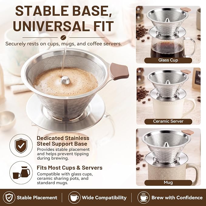 Pour Over Coffee Dripper, W60 Style Stainless Steel Coffee Filter, Paperless Reusable Coffee Filter, Metal 600 Mesh Strainer Coffee Maker Single Cup Brewer 1-2 Cup