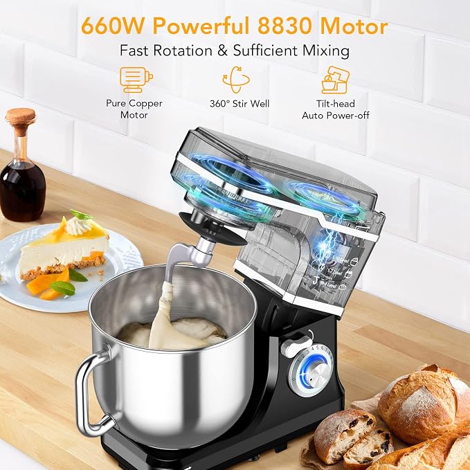 Garvee 7.5 QT Stand Food Mixer, 10-Speed Tilt Head 3 in-1 Kitchen Electric Mixer with Stainless Steel Bowl, Egg Whisk, Dough Hook, Beater, Splash Guard, Compact Dough Mixer for Home Cooks, Black