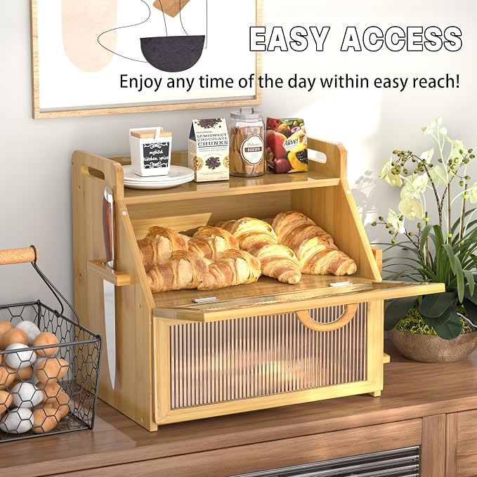 Bread Box for Kitchen Countertop, Large Bread Storage Container for Homemade Bread, Wooden Farmhouse Breadbox Organizers, Double Layer Bread Bin with Acrylic Window Bread Holder, Brown