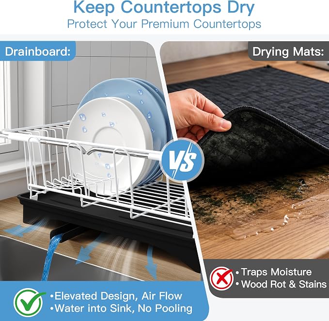 JASIWAY White Dish Drying Rack in Sink with Drainboard and Utensil Holder | Use Over the Sink or Counter, Stainless Steel Expandable Dish Drainer for Small Kitchen, Space Saving, Fast Drain, Rustproof