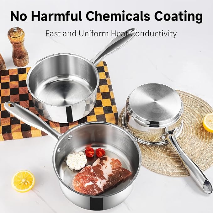 SLOTTET 1Qt & 2Qt Stainless Steel Sauce Pan Set with Lid,4 Pcs Non Stick Saucepan,Small Kitchen Pots,Induction Compatible,PFOA FREE