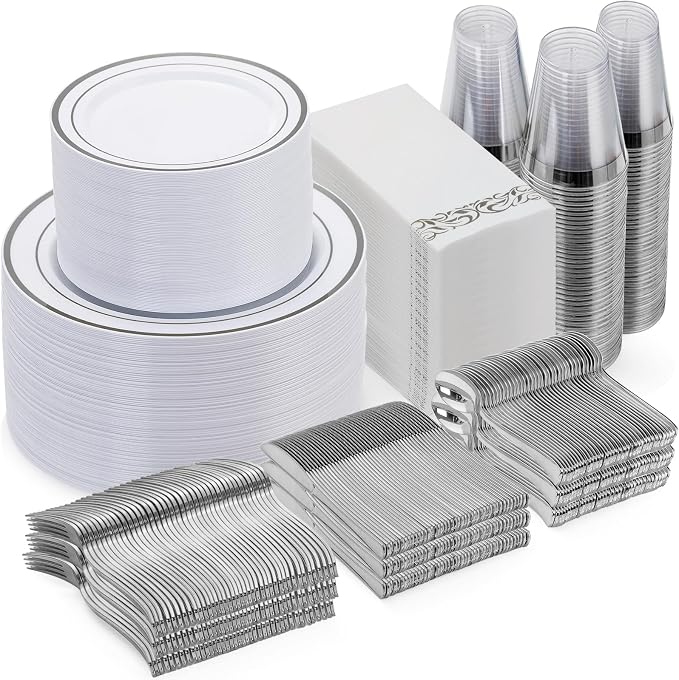 700 Pcs Silver Dinnerware Set for 100 Guests, Disposable Plate Set | Plastic Plates for Party, Include: 100 Dinner Plates, 100 Dessert Plates, 100 Paper Napkins, 100 Cups, 100 Silverware Set