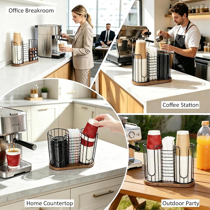 Coffee Cup Holder, 3-in-1 Disposable Cup, Straw & Lid Organizer | Paper Cup Dispenser Rack with Wooden Base, Dispenser Storage for Countertop Coffee Bar Office Kitchen, Zero Assembly