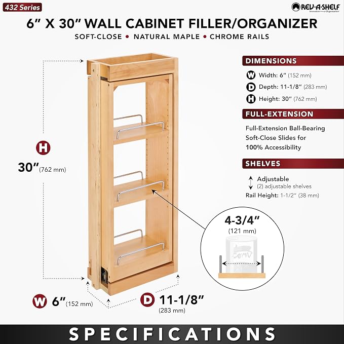 Rev-A-Shelf Kitchen Cabinet Pullout Wall Filler Wooden Organizer Slide Out Pantry Storage w/Soft-Close in Multiple Sizes, Maple Wood, 432-WFBBSC30-6C