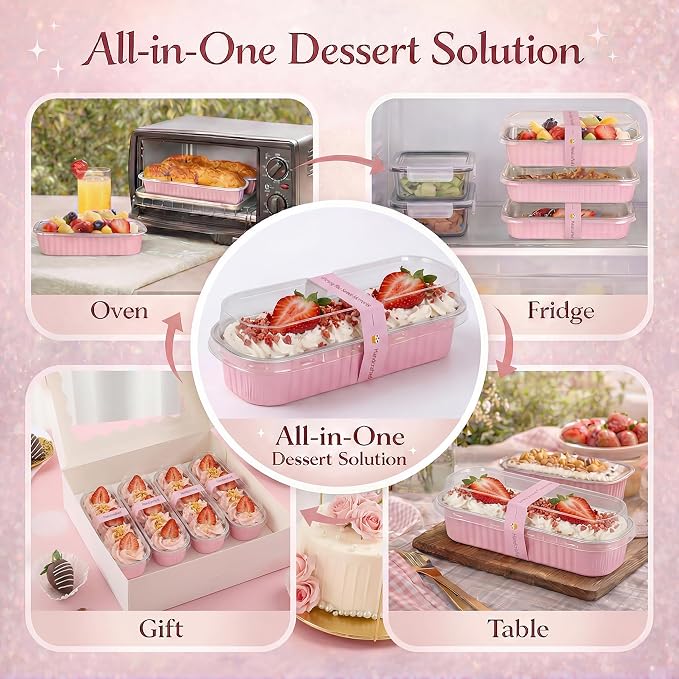 YQER 60 Pack Mini Cake Pans with Lids and Spoons, 6.8 oz Pink Disposable Aluminum Foil Mini Loaf Pans with Stickers, Individual Small Dessert Cake Tins Containers for Baby Showers, Birthdays, Gifts