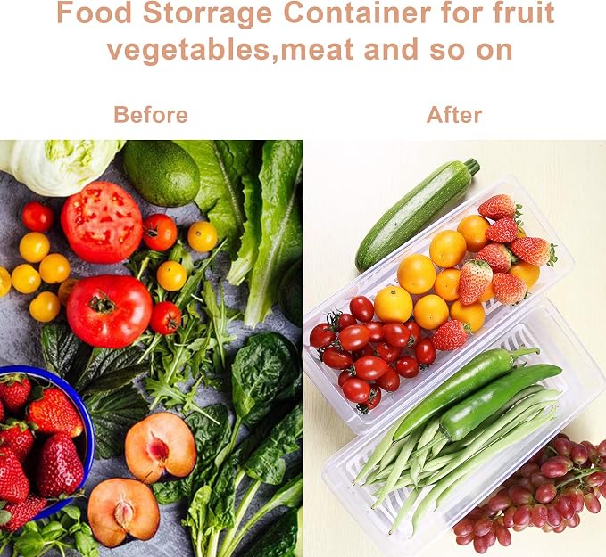 4PCS Food Storage Container, Plastic Food Containers Small | [With Removable Drain Plate and Lid], [Stackable Portable Freezer Storage Containers]-Tray to Keep Fruits, Vegetables, Meat
