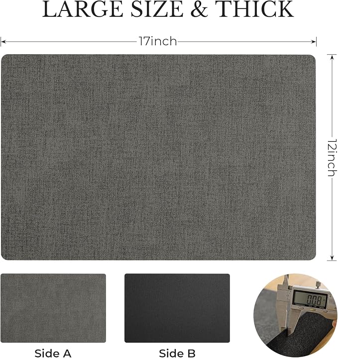 Romanstile Vinyl Placemats Set of 8, Reversible Faux Leather Heat Resistant Wipeable Table Mats, Waterproof Washable Non-Slip Table Placemats for Dining/Kitchen/Party/Outdoor (Grey Black, 12" x 17")