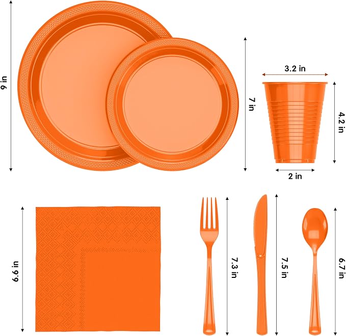 Party Solids 350 Pieces Orange Plastic Plates For Party, Orange Disposable Plates Set, 50 Of Each 9" Dinner Plate Set, 7" Dessert Plate, Cups, Napkins & Cutlery Plastic Dinnerware Set