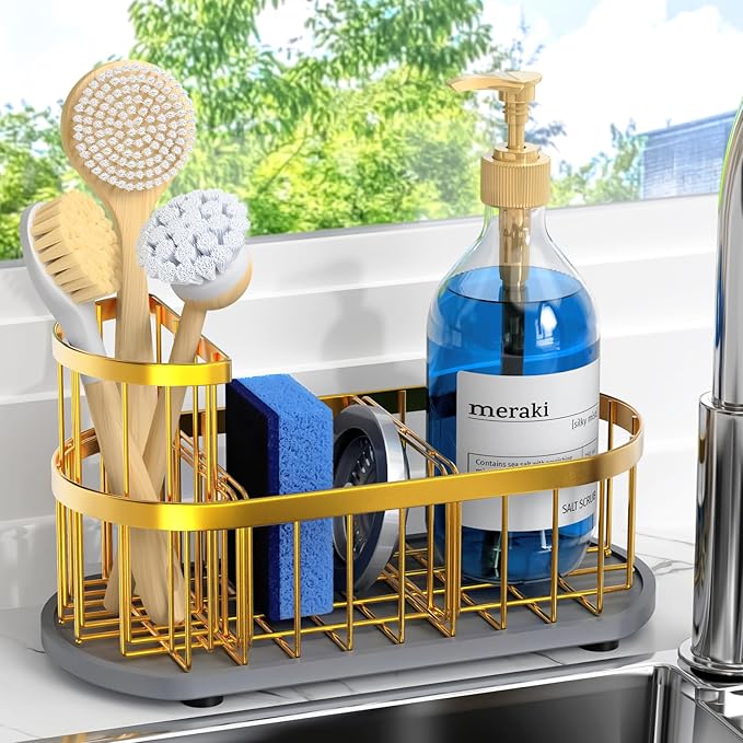 Sink Caddy Kitchen Sink Organizer, Sponge & Brush Holder, Stone Drying Mat | Space-Saving Sink Sponge Holder with Full-Size Tool Storage, Fits Most Sinks, Kitchen Sink Accessory and Countertop Organizer