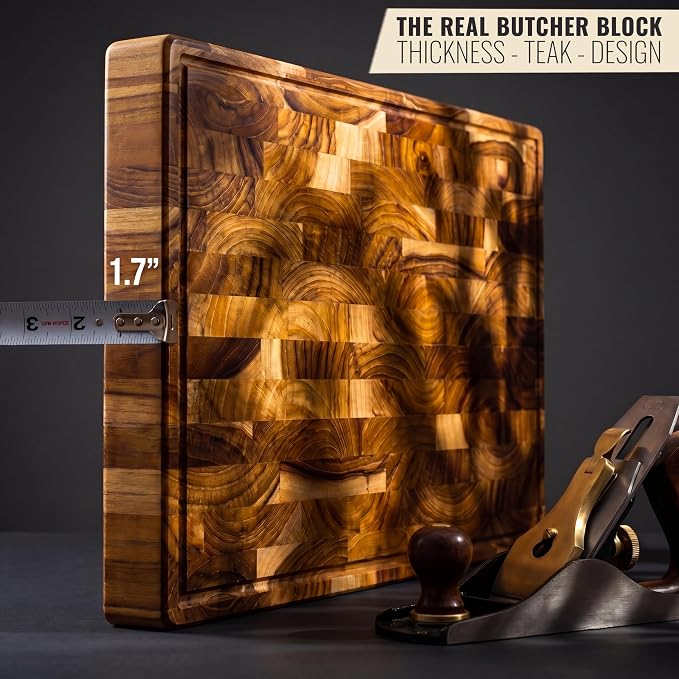 XXL Teak Wood Cutting Board for Kitchen, End Grain ExtraThick Butcher Block | 25 x 15 Inch (ExtraThick 1.7") Professional Heavy Duty Hardwood Non Toxic Wooden Chopping Board (Oil & Plate Included)