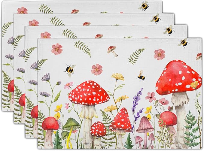 Mushroom Plants Placemats Set of 4，Rustic Wildflowers Heat Resistant Washable Place Mats 12x18 Inch Farmhouse Decor Table Mats for Party Kitchen Dining Indoor Outdoor