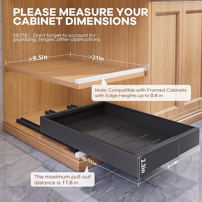 Seinloes 2 Pack Expandable (9"-14") Pull Out Cabinet Organizer 21" Deep With Raising Pad for Framed Cabinets,Upgrade 3 Slide Rails Slide Out Drawers,No Drill Roll Out Shelves Adhesive,Black