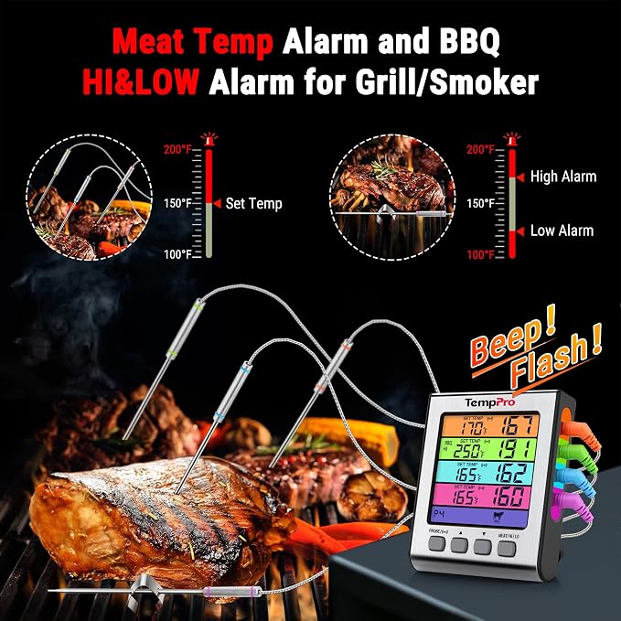 TempPro TempTrack Digital Meat Thermometer with 4 Temperature Probes | HI/Low Alarm Smoker Food Thermometer with Colored Backlit LCD, BBQ Thermometer for Cooking Grill Kitchen Oven